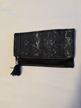 Navy Textured Foldover Clutch with Tassel